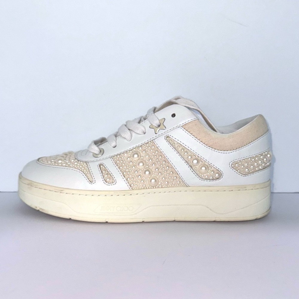 Jimmy Choo White Pearl Sneakers | Embellished Luxury Designer Shoes Size 39 1/2